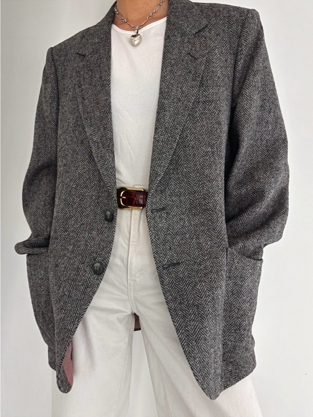 Vintage 100% wool tweed grey herringbone men’s blazer oversized relaxed fit tall